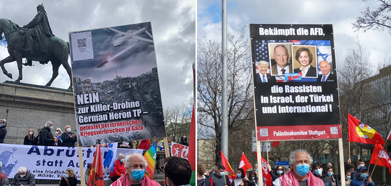 Nahaufnahme unserer Poster am Ostermarsch am 4. April 2021 in Stuttgart: Nein zur Killerdrohne Heron TP, getestet bei israelischen Kriegsverbrechen in Gaza