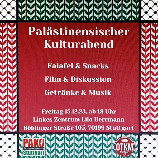 Palästinensischer Kulturabend am Fr. 18 Uhr, Lilo Hermann Haus, Stuttgart